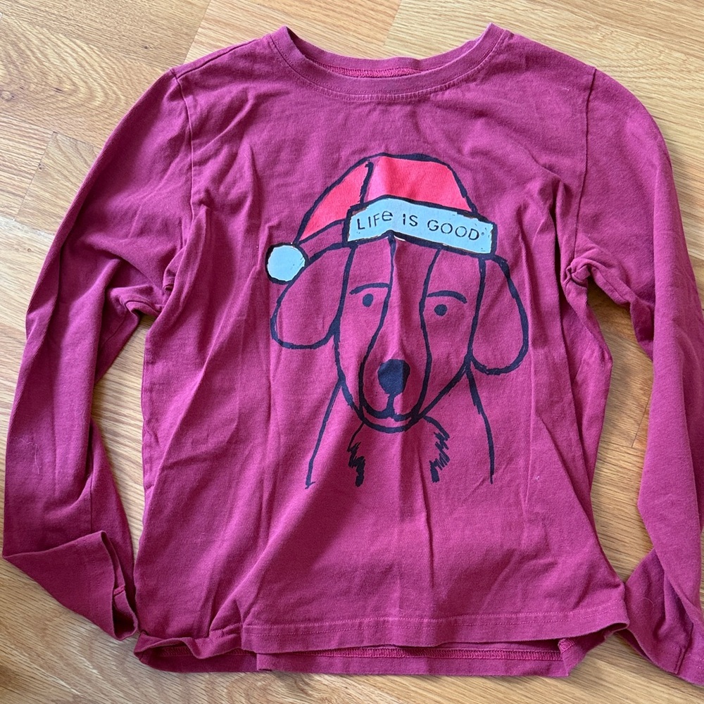 Life Is Good Red Dog Santa Hat Long Sleeve Tee